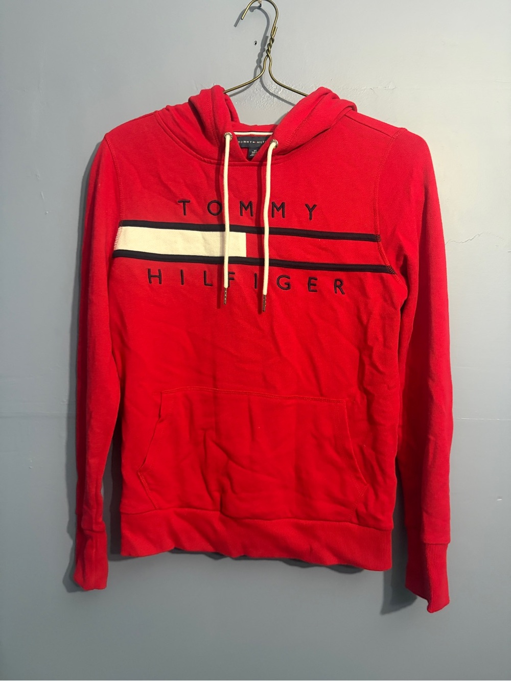 Tommy Hilfiger Red Pullover Hoodie with Logo Stripe